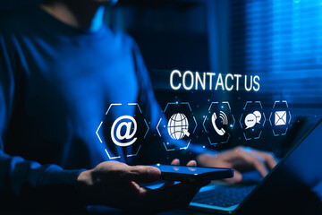 Contact us concept with icons for email, web, phone, call, and chat representing customer service, tech support, online business and communication platforms. modern digital business connectivity