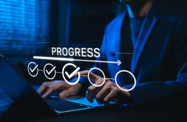 Progress tracking and project development concept. Person interacting with progress bar of checkmarks and steps, symbolizing workflow advancement, task completion and business project milestones.