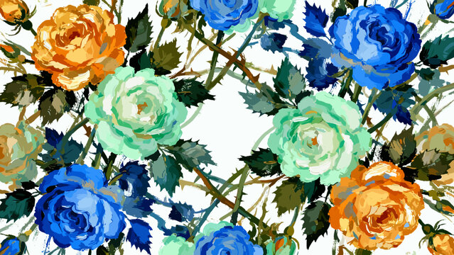 A beautiful, hand-painted seamless floral pattern in the 2025-2026 maximalist trend. Amber Haze, Jelly Mint, and Blue Aura. Perfect for home decor, fabric, textile prints, and vibrant wallpaper.