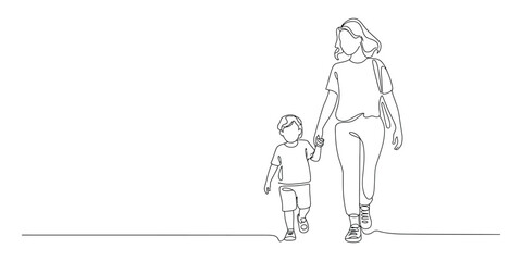 Obraz premium Mother and child walking, continuous line drawing