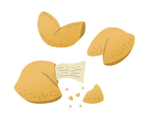 Fortune cookies breaking with a visible slip of paper inside featuring a handwritten message. The image is a digital vector illustration, capturing the essence of surprise and fortune.