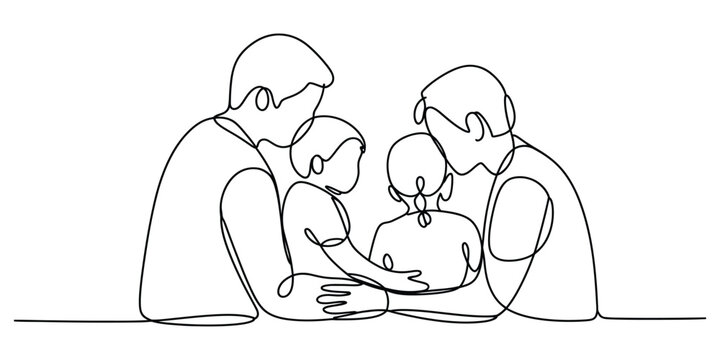 Family embracing, continuous line drawing