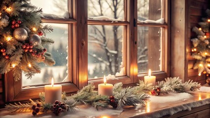 Cozy winter scene frosted window display with pine garland and candles on the windowsill enchanting snowy landscape outside inviting warm glow inside