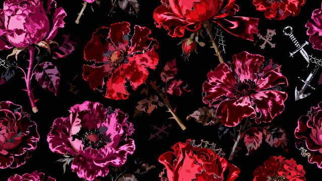 Punk Floral Seamless Pattern in WGSN Electric Fuchsia for Rebellious Romanticism Trend.