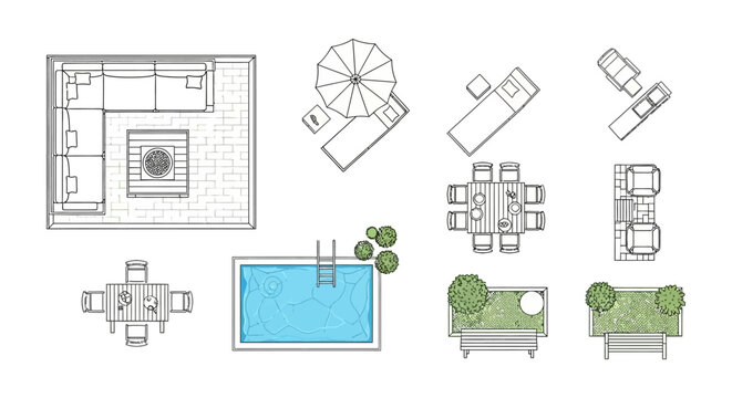 outdoor furniture layout patio plan view with poolside seating  dining spaces perfect for garden design relaxation areas landscape architecture