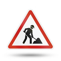 Warning sign indicating road works ahead with a construction worker digging soil