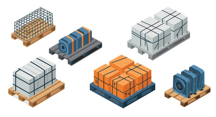 Isometric pallets and cargo boxes collection for logistics and shipping design