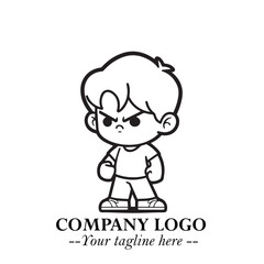 Black and White Chibi Boy Illustration with Jacket and Boots in Bold Thick Line Art Minimal Style