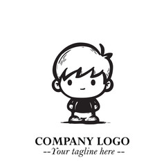 Black and White Chibi Boy Illustration with Jacket and Boots in Bold Thick Line Art Minimal Style