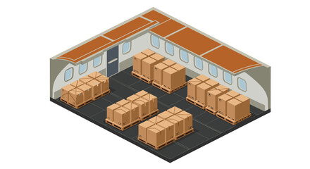 Obraz premium Isometric cargo hold design with boxes and pallets inside an airplane