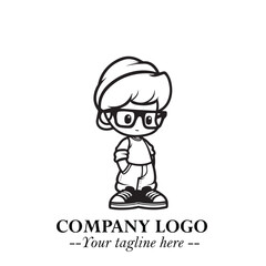 Black and White Chibi Boy Illustration with Jacket and Boots in Bold Thick Line Art Minimal Style