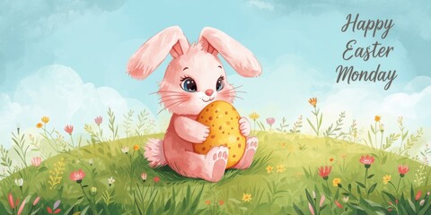 Cute pink easter bunny holding a decorated egg on a grassy hill