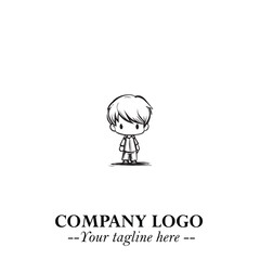 Black and White Chibi Boy Illustration with Jacket and Boots in Bold Thick Line Art Minimal Style