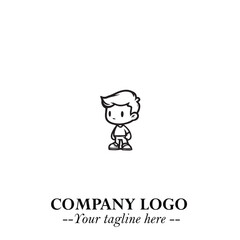 Black and White Chibi Boy Illustration with Jacket and Boots in Bold Thick Line Art Minimal Style