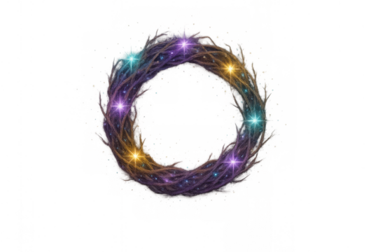 Fantasy glowing magic wreath with mystical lights and sparkling dust on transparent background