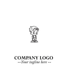 Black and White Chibi Boy Illustration with Jacket and Boots in Bold Thick Line Art Minimal Style