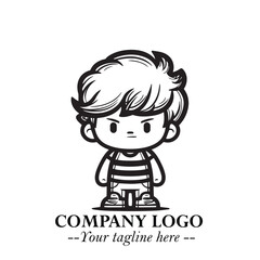 Black and White Chibi Boy Illustration with Jacket and Boots in Bold Thick Line Art Minimal Style
