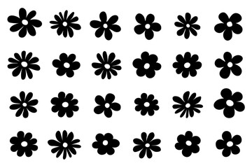 Groovy daisy flowers set. Flat black icons. Simple flower silhouette. Retro vintage style, hand drawn decorative elements