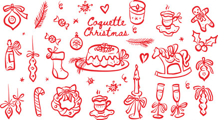 A whimsical and trendy vector collection of hand-drawn Christmas elements in a distinctive red line-art, doodle style, featuring the inscription "Coquette Christmas." The set includes festive icons li
