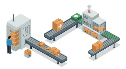 Obraz premium Automated packaging conveyor system in isometric style with cardboard boxes and industrial machinery