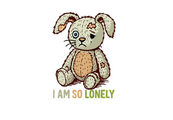 A sad-looking plush bunny print design – “I am so lonely.”