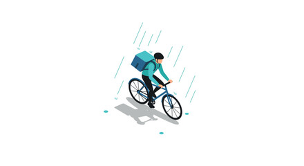 Fototapeta premium Isometric cyclist delivering in rain urban courier in minimalist style