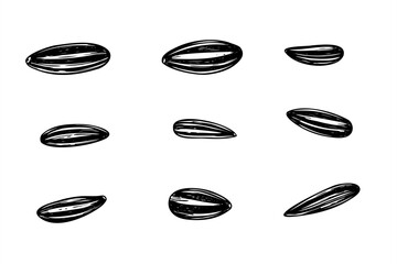 Black sunflower seeds with white veins set in various forms monochrome vector illustration painted by black inks. Raw seeds in shell realistic graphic sketch. For bird feeder labels, product designs.