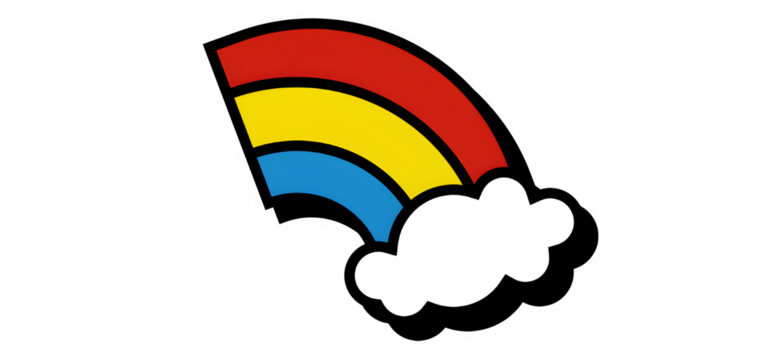 Colorful rainbow with red yellow and blue bands emerging from a fluffy white cloud against a stark creating a cheerful design