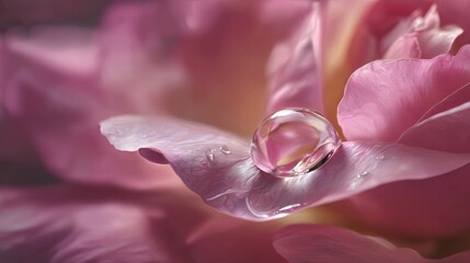 Close-up of a delicate water drop on a soft pink rose petal, creating a beautiful romantic and gentle atmosphere, nature beauty and purity concept.