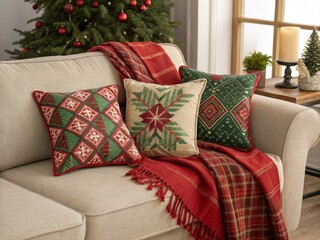 Create a cozy holiday vibe with a sofa adorned with red and green patterned pillows and a plaid blanket in your living room