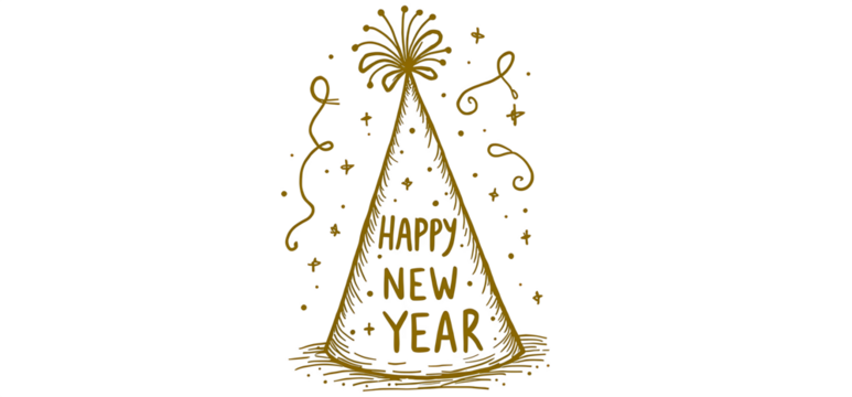 Golden happy new year party hat with confetti and stars perfect for holiday greetings and festive celebration designs