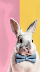 Obraz premium Rabbit Wearing a Blue Bow Tie Against a Colorful Pastel Background With Pink and Yellow Tones