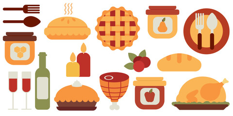Set of  festive Thanksgiving dinner  featuring roasted turkey, fruit jams, pies, wine, and honey. Perfect for holiday cards, posters, and banners.