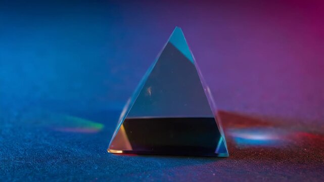 A transparent glass pyramid refracts light, creating a spectrum of colors against a blue to purple backdrop