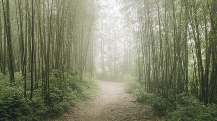 Obraz premium Bamboo forest path, misty green foliage and serene atmosphere, tranquil woodland landscape, wide angle view, copy space.