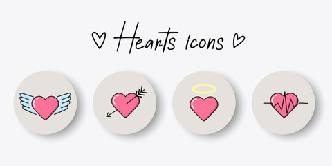 A set of vector Heart icons to illustrate themes of love, romance, health and emotions. Cute cartoon style for web design, mobile applications, social networks, creating postcards, banners and other
