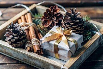 Creating a festive atmosphere wooden tray filled with wrapped gifts pinecones and cinnamon sticks in a cozy holiday setting