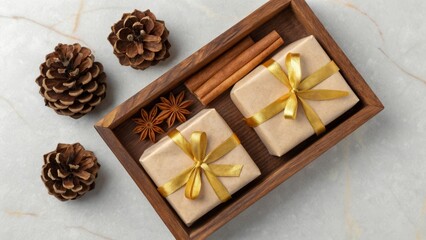 Creating a cozy holiday atmosphere a wooden tray arrangement with wrapped gifts pinecones and cinnamon sticks in a festive setting