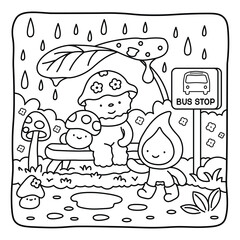 Rainy Day with Mushroom Characters | Adorable Fantasy Coloring Page