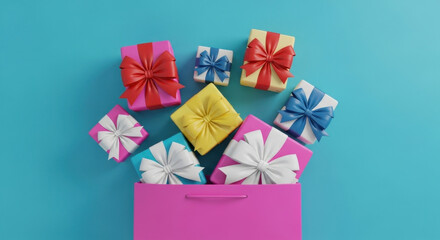 Shopping Bag with Gifts: Colorful Present Boxes with Ribbons Bursting from Pink Bag on Blue Backdrop, Celebrating Holiday