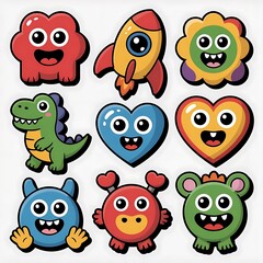 Obraz premium Collection of cartoon monsters rocket and hearts cute