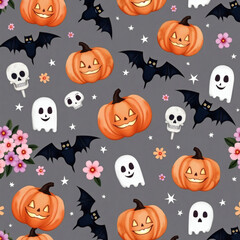 Colorful Halloween pattern with pumpkins, bats, and ghosts captured in a creative artwork celebrating the festive spirit of fall
