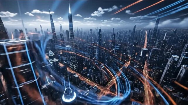 Futuristic city skyline with glowing light trails and tall skyscrapers, representing a connected urban future