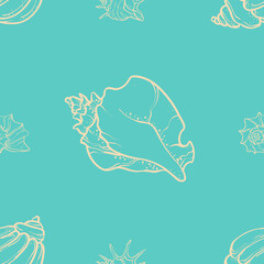 line art illustration of various seashells and starfish on a deep ocean background. Marine elements drawn in a minimal elegant style.