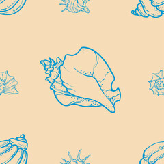 line art illustration of various seashells and starfish on a deep ocean background. Marine elements drawn in a minimal elegant style.