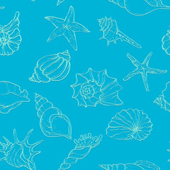 line art illustration of various seashells and starfish on a deep ocean background. Marine elements drawn in a minimal elegant style.