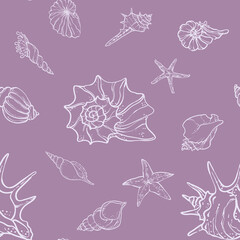 line art illustration of various seashells and starfish on a deep ocean background. Marine elements drawn in a minimal elegant style.