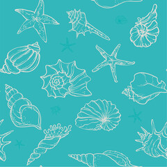 line art illustration of various seashells and starfish on a deep ocean background. Marine elements drawn in a minimal elegant style.