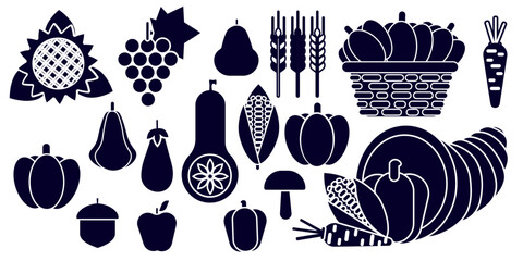 Black  silhouette of cornucopia filled with pumpkins, corn, wheat, grapes, pepper, carrot, and sunflower. Perfect for Thanksgiving and fall themed designs.