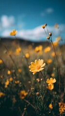 Obraz premium Bright Yellow Wildflowers Blooming Under a Clear Blue Sky in a Scenic Meadow During Springtime